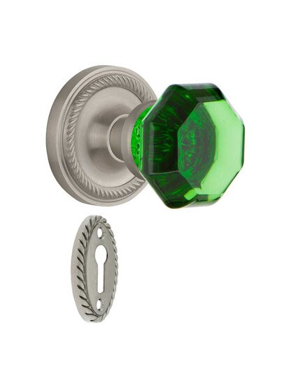 Rope Rosette Mortise Lock Set with Colored Waldorf Crystal Glass Knobs Emerald in Satin Nickel.